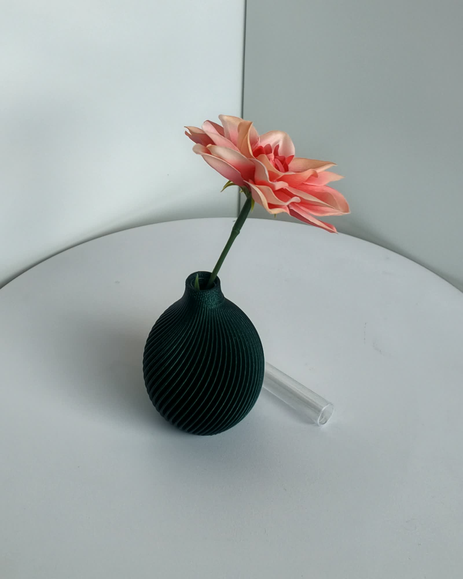 Kugel Buddy Vase Galaxy mit Blüte und Reagenzglas auf hellem Tisch